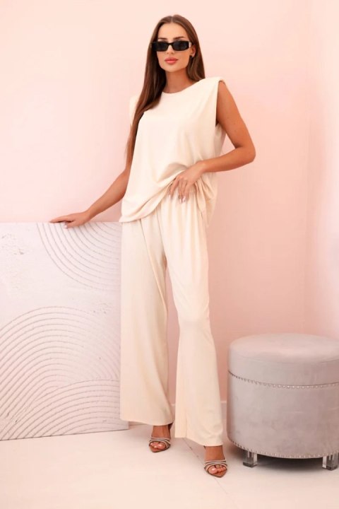 Komplet damski z wiskozy bez rękawów i prostymi spodniami jasny beżowy