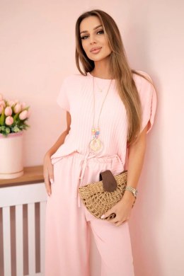 Komplet z wiskozy bluzka plisowana + spodnie pudrowy róż