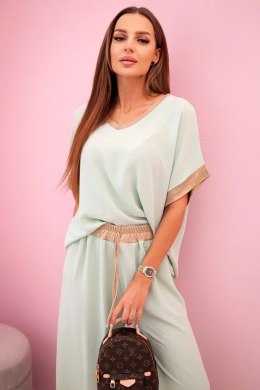 Komplet z wiskozy ze złotym obszyciem ciemny miętowy