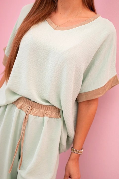 Komplet z wiskozy ze złotym obszyciem ciemny miętowy