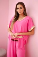 Komplet z wiskozy ze złotym obszyciem różowy