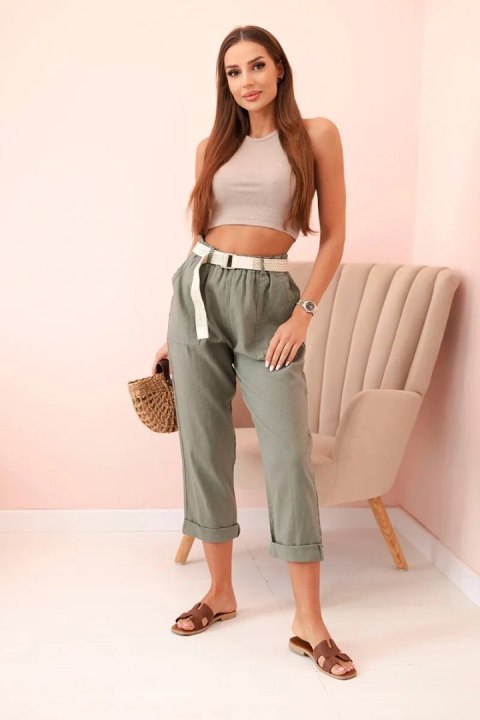 Spodnie damskie lniane z bawełną i paskiem khaki