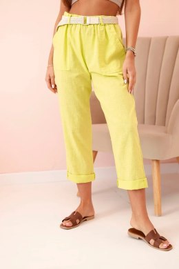Spodnie damskie lniane z bawełną i paskiem kiwi