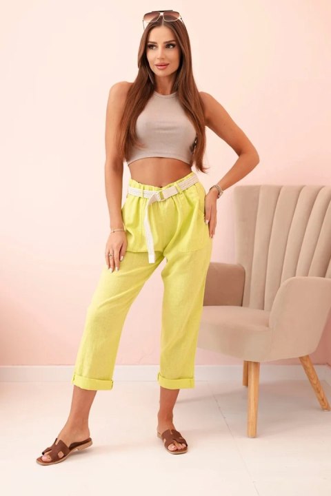 Spodnie damskie lniane z bawełną i paskiem kiwi