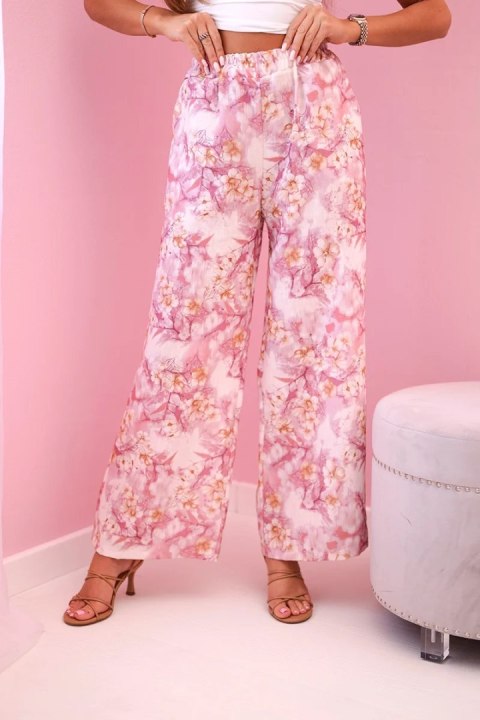 Spodnie damskie z szeroką nogawką w kwiaty różowe