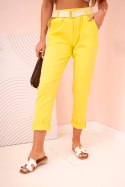 Spodnie damskie z wiskozy z paskiem i podwiniętą nogawką ciemne żółte
