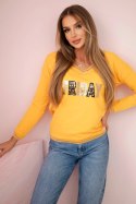 Bluza damska z napisem z cekinami musztardowa