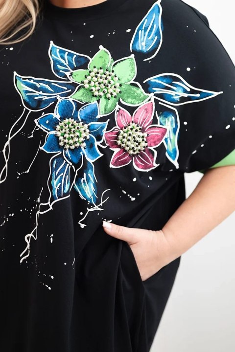 Bluzka damska Plus Size z kwiatowym wzorem i ozdobnymi perełkami zielona