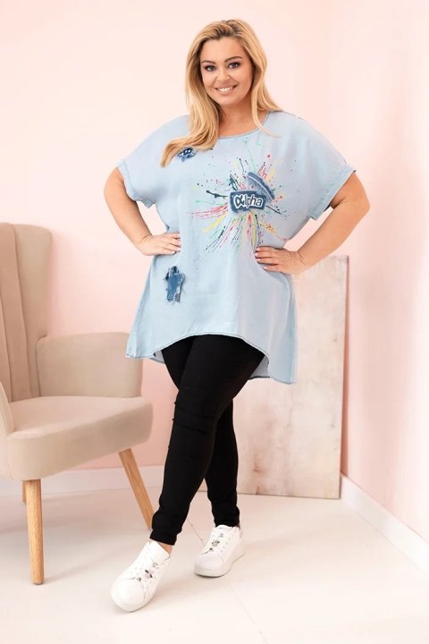 Bluzka damska Plus Size z naszywkami jasno jeansowa