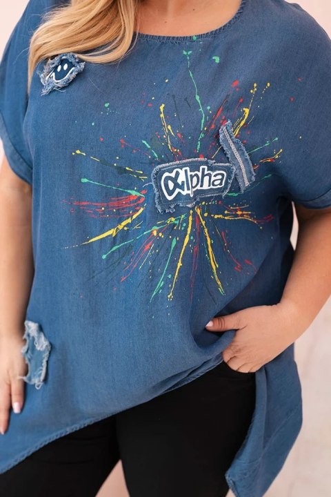 Bluzka damska Plus Size z naszywkami jeansowa