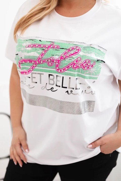 Bluzka damska bawełniana Plus Size z cekinowym napisem biały + zielony