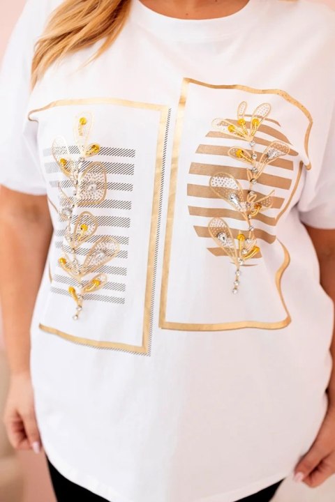 Bluzka damska bawełniana Plus Size z dżetami biały + camelowy