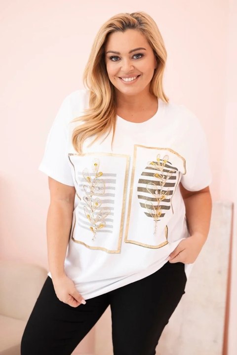 Bluzka damska bawełniana Plus Size z dżetami biały + khaki