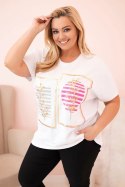 Bluzka damska bawełniana Plus Size z dżetami biały + różowy
