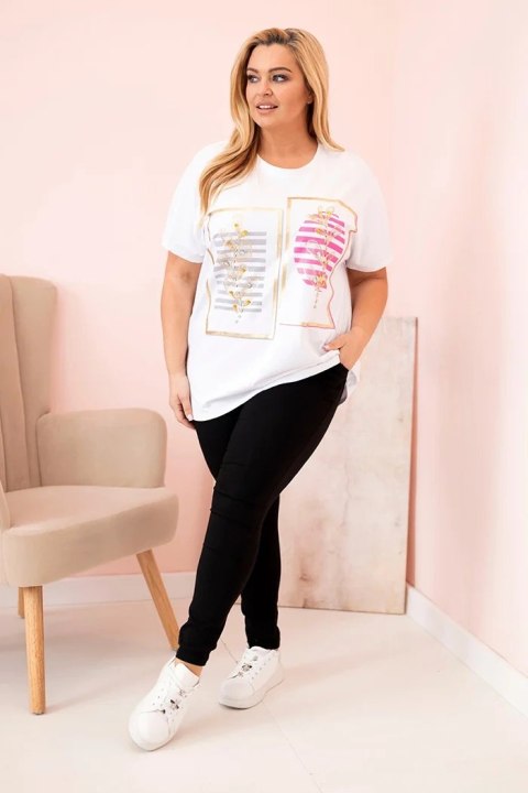 Bluzka damska bawełniana Plus Size z dżetami biały + różowy