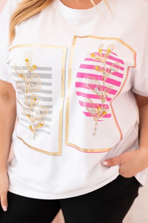 Bluzka damska bawełniana Plus Size z dżetami biały + różowy