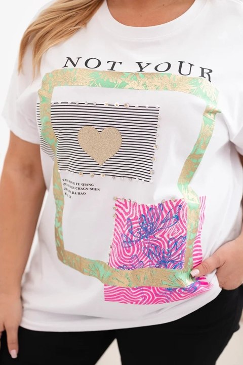 Bluzka damska bawełniana Plus Size ze złotym napisem biały + zielony