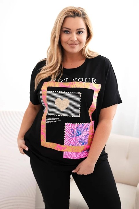 Bluzka damska bawełniana Plus Size ze złotym napisem czarny + różowy