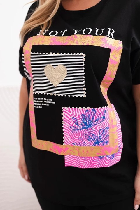 Bluzka damska bawełniana Plus Size ze złotym napisem czarny + różowy