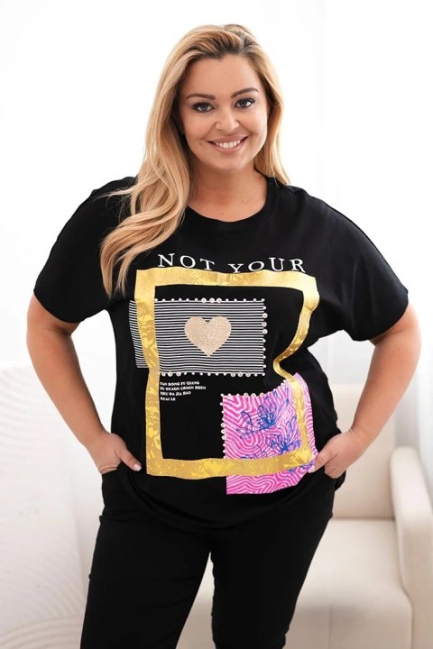 Bluzka damska bawełniana Plus Size ze złotym napisem czarny + żółty