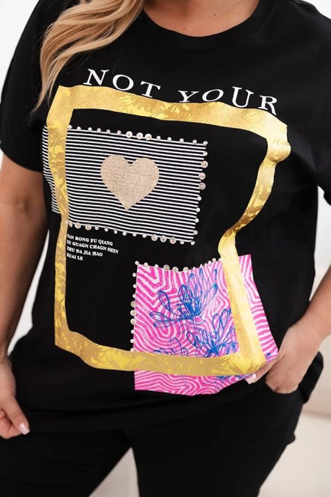 Bluzka damska bawełniana Plus Size ze złotym napisem czarny + żółty