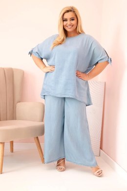 Komplet damski Plus Size z tencelu bluzka z wiązaniem i szerokie spodnie jasny jeansowy