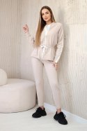 Komplet damski bawełniany z lampasem i ściągaczami beżowy