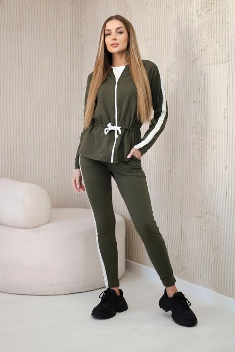 Komplet damski bawełniany z lampasem i ściągaczami khaki