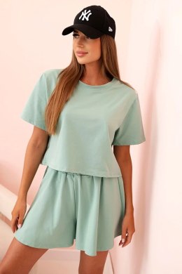 Komplet damski bawełniany z szerokimi szortami ciemny miętowy