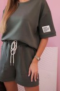 Komplet damski masełko z szortami z wysokim stanem khaki