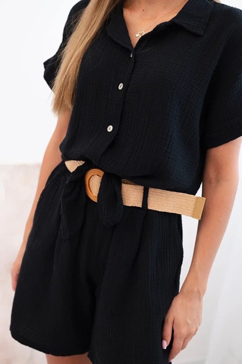 Komplet damski muślinowy z koszulą wiązaną i szortami z paskiem czarny