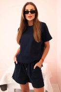 Komplet damski punto z krótkim rękawem i szortami granatowy