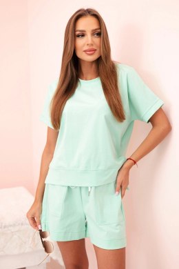 Komplet damski punto z krótkim rękawem i szortami miętowy