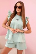 Komplet damski z falbanką - bluzka z krótkim rękawem i szorty z gumką ciemny miętowy
