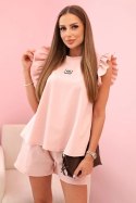 Komplet damski z falbanką - bluzka z krótkim rękawem i szorty z gumką ciemny pudrowy róż