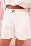 Komplet damski z falbanką - bluzka z krótkim rękawem i szorty z gumką ecru
