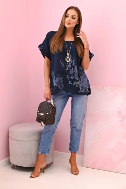 Koszula damska bawełniana w motyle i kwiaty granatowa