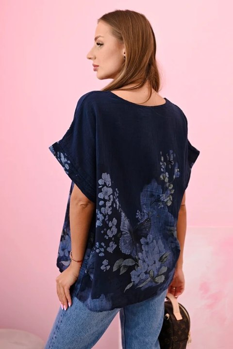 Koszula damska bawełniana w motyle i kwiaty granatowa