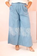 Spodnie damskie Plus Size z szeroką nogawką i haftem etnicznym jasno jeansowe