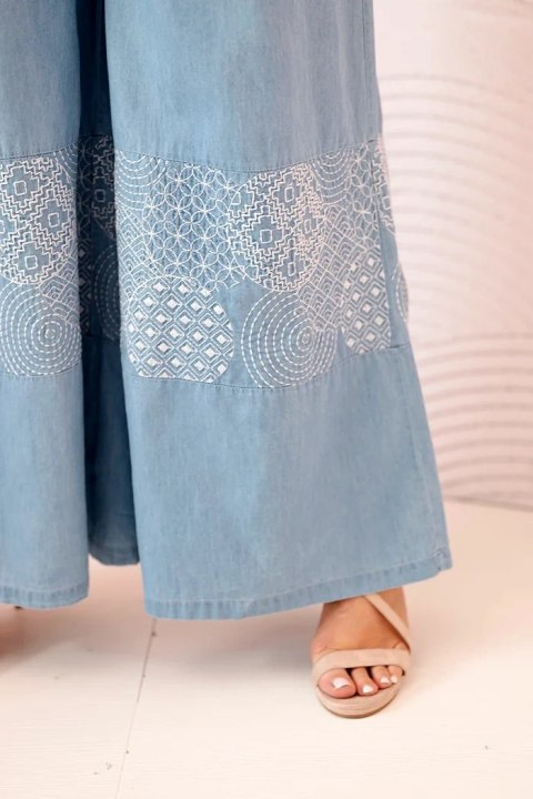 Spodnie damskie Plus Size z szeroką nogawką i haftem etnicznym jasno jeansowe