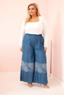 Spodnie damskie Plus Size z szeroką nogawką i haftem etnicznym jeansowe