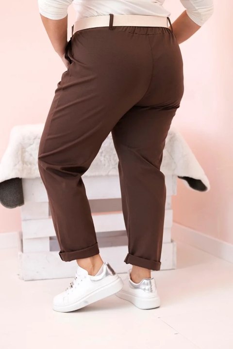 Spodnie damskie bawełniane Plus Size z paskiem brązowe