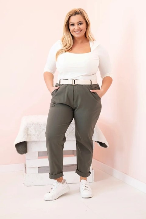 Spodnie damskie bawełniane Plus Size z paskiem khaki