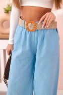 Spodnie damskie lniane z szeroką nogawką i paskiem niebieskie