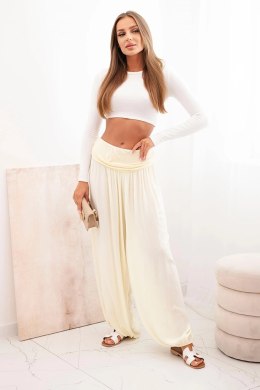 Spodnie damskie wiskozowe z szeroką nogawką i marszczeniami żółte