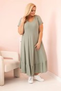 Sukienka damska plus size z krótkim rękawem i falbaną z lekkiej wiskozy khaki