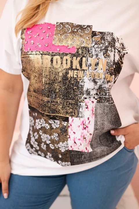 Bluzka damska bawełniana Plus Size z kolorowym nadrukiem biały + różowy