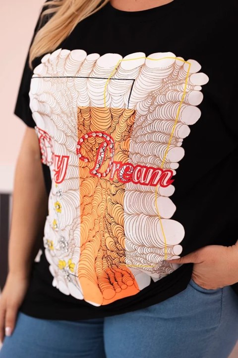 Bluzka damska bawełniana Plus Size z nadrukiem Day Dream czarny + pomarańczowy