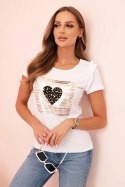 Bluzka damska bawełniana z falbanką i sercem z dżetów biała