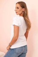 Bluzka damska bawełniana z falbanką i sercem z dżetów biała
